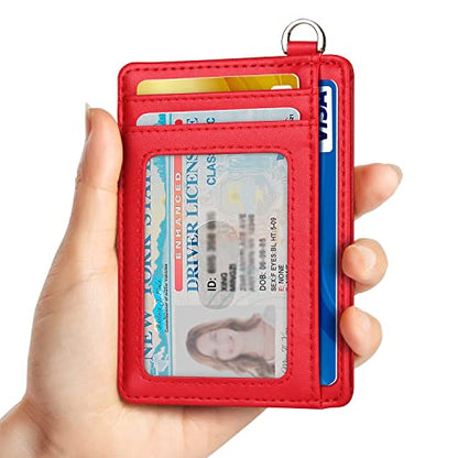 Slim Minimalist Front Pocket Wallet, RFID Blocking Credit Card Holder Wallet with Integrated D-Shackle for Men Women - color: Cowhide Red