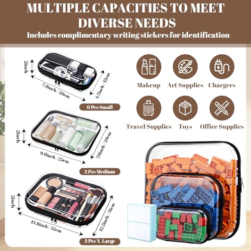 12 Pack Clear Hard Shell Zipper Case with 40 Labels, X-Large/Medium/Small Stackable Clear Pouches, Crush-resistant Travel Toiletry Bag Organizer for Makeup Board Games Electronics (Black) - color: Black