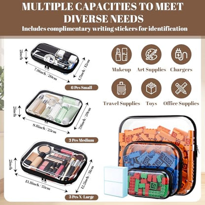 12 Pack Clear Hard Shell Zipper Case with 40 Labels, X-Large/Medium/Small Stackable Clear Pouches, Crush-resistant Travel Toiletry Bag Organizer for Makeup Board Games Electronics (Black) - color: Black