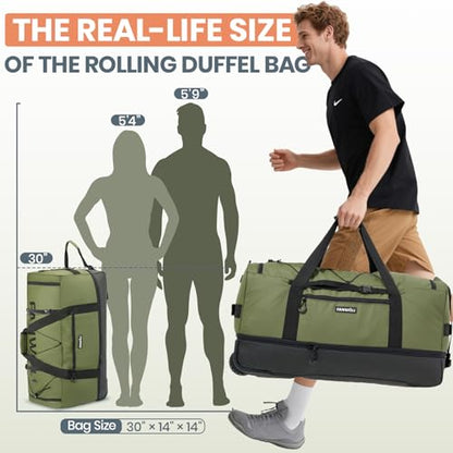 Fanwoli 120L Rolling Duffle Bag with Wheels, Foldable Travel Duffel - color: Green