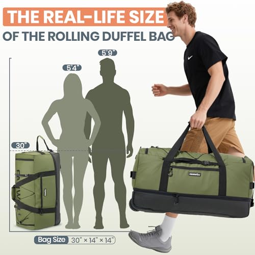 Fanwoli 120L Rolling Duffle Bag with Wheels, Foldable Travel Duffel - color: Green