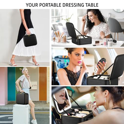 Travel Makeup Bag with Mirror of LED Lighted, Makeup Train Case with Adjustable Dividers, Makeup Case with Mirror and Detachable 10x Magnifying Mirror - color: Black