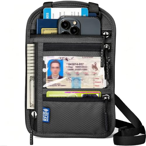Travel Neck Wallet Passport Holder-RFID Blocking Money Pouch - color: Dark Grey