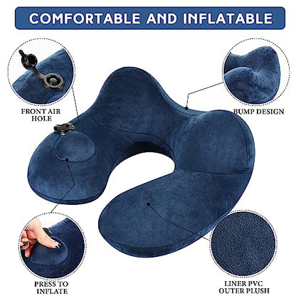 Xtinmee 2Pcs Self-Inflatable Pillow Soft Airplane Travel Pillow with Compact Bag for Long Flight Neck Cushion for Head Support Car Home Office 12.2x11.81x5.91in(Navy Blue) - color: Navy Blue