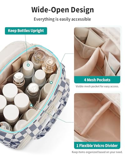 Narwey Travel Toiletry Bag for Women, Large Cosmetic Makeup Bag Organizer - color: Greyish Blue Checkerboard