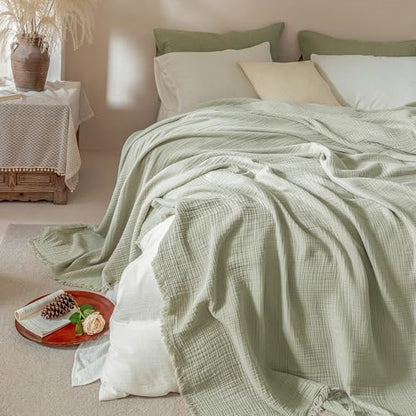 Muslin Fringe Blankets for Adults: 100% Cotton Cloud Soft - color: Sage Green, size: Queen (90" × 90")