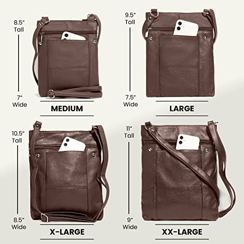 TOVOSO Crossbody Bag for Women, Genuine Leather Multi-Pocket Purse with Adjustable Strap, RFID Protection, Built-In Wallet - color: Brown, size: XX-Large