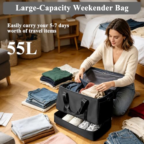 Travel Duffle Bag with Shoe Compartment, Overnight Weekender Bags for Women - color: Black