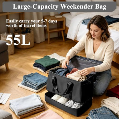 Travel Duffle Bag with Shoe Compartment, Overnight Weekender Bags for Women - color: Black