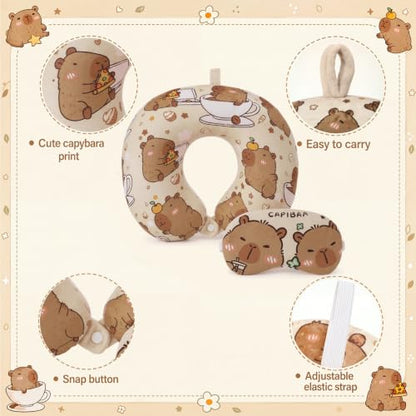 Gilprop 2 Pcs Capybara Neck Pillow for Travel with Sleep Eye Mask - style: Capybara