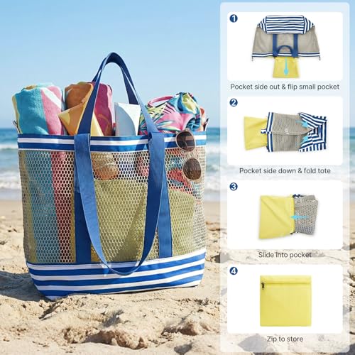 G4Free Extra Large Mesh Beach Bags for Women, Packable Sandproof Pool Bag - color: Blue & Yellow
