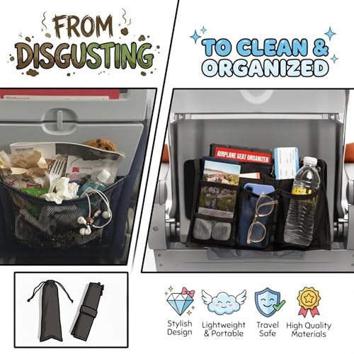 Airplane Seat Organizer to Clip onto Airplane Seat Pocket | Travel Essentials Accessory with Improved Universal Compatibility (15 x 9 Inches)