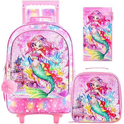HPJGD 3PCS Girls Rolling Bookbag, Kids Sequins Mermaid School Backpack with Wheels, Water Resistant Roller Wheeled Bookbag Set with Lunch Box - color: 3pcs Mermaid Rolling Backpack