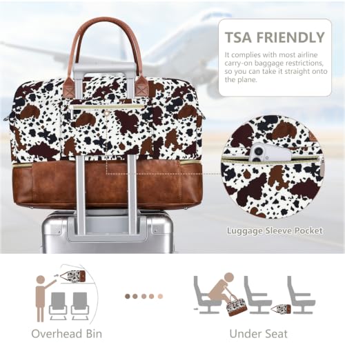 Large Women Travel Weekender Bag: Carry on Duffle with Shoe Compartment - color: Brown Cow Print