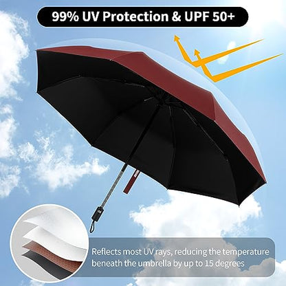 Yoobure Windproof Automatic Travel Umbrella, Compact Folding UV Sun & Rain - color: Auto-Burgundy Red