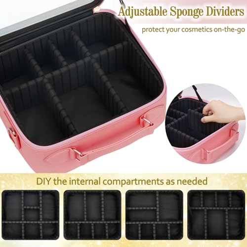 ViKert Travel Makeup Bag with Light Up Mirror,Makeup Travel Case with adjustable dividers,Waterproof Makeup Train Case,lighted Makeup Case with Detachable Mirror