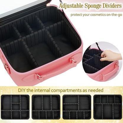 ViKert Travel Makeup Bag with Light Up Mirror,Makeup Travel Case with adjustable dividers,Waterproof Makeup Train Case,lighted Makeup Case with Detachable Mirror