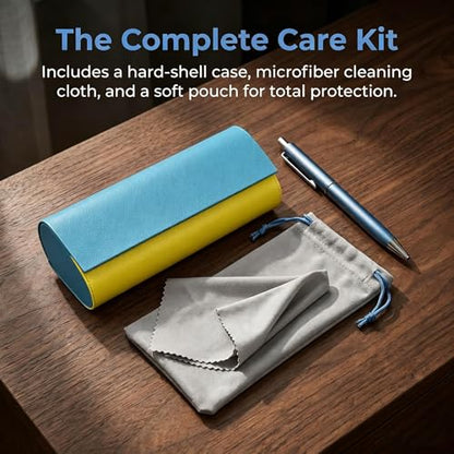 Double Sided Glasses Case Hard Shell,Sunglasses Case & Eyeglass Case with Cleaning Cloth & Storage Pouch - color: Yellow-turquoise