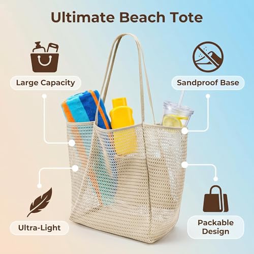 Mesh Beach Tote Bag for Women, Sandproof Quick Dry Foldable Travel Bag - color: White