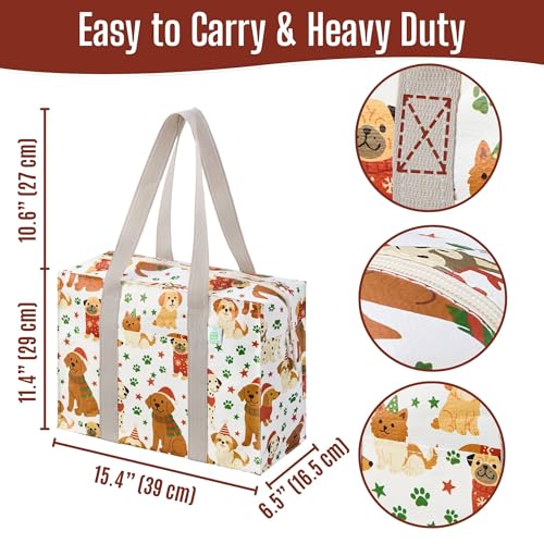 VENO 4 Pack Utility Tote Reusable Grocery Bags with Zipper & Hard Bottom - color: Holiday Pups, size: 4 Pack