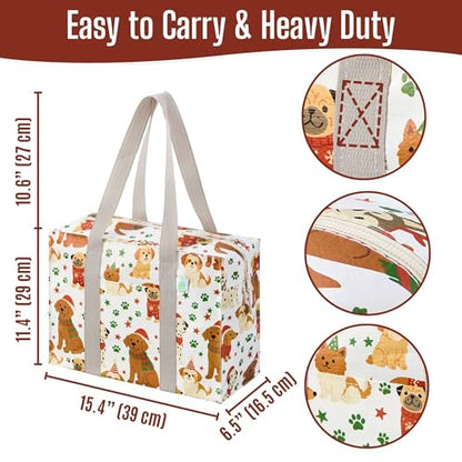 VENO 2 Pack Utility Tote Reusable Grocery Bags with Zipper & Hard Bottom - color: Holiday Pups, size: 2 Pack
