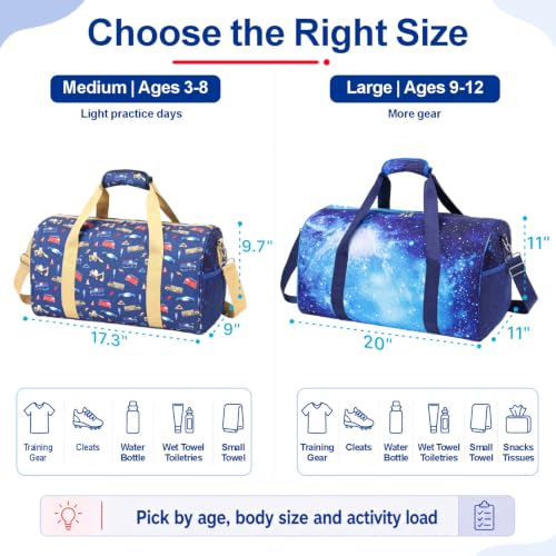 Bagseri Boys Duffle Bag for Travel - Kids Gym Bag with Shoe Compartment - color: B6-Yellow Trucks, size: Medium - 17.3 x 9 x 9.7 in