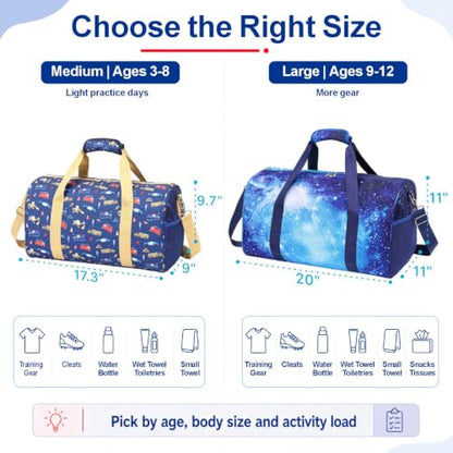 Bagseri Boys Duffle Bag for Travel - Kids Gym Bag with Shoe Compartment - color: B6-Yellow Trucks, size: Medium - 17.3 x 9 x 9.7 in