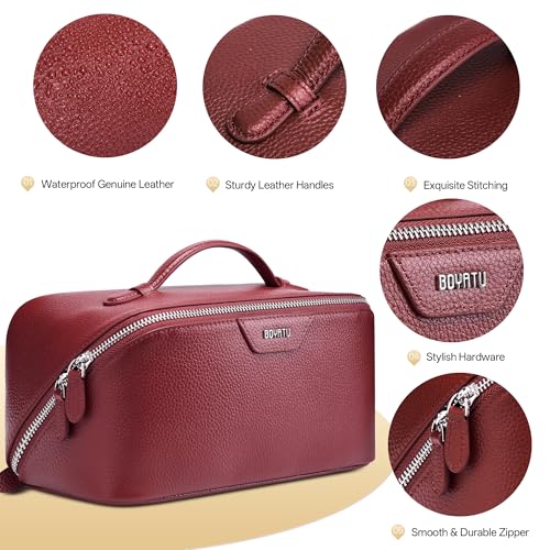 BOYATU Genuine Leather Travel Makeup Bag: Hand-made 3 Pcs Set Cosmetic Bags - color: 06Burgundy
