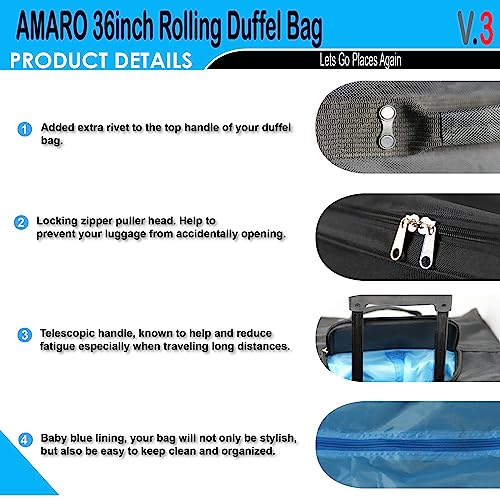 AMARO 36 Inch Rolling Duffle Bag with Wheels, Extra Large Heavy Duty Travel Duffel Luggage with Telescopic Handle, Multiple Pockets, Collapsible Storage, Black/Grey - size: X-Large