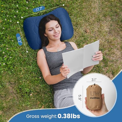 UWILLION Inflatable Camping Pillow with Removable Washable Cover, Ultralight Compact Air Pillow for Backpacking, Hiking, Travel & Camping, Ergonomic Neck and Lumbar Support Blow Up Pillow – Blue - color: Blue