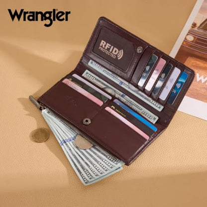 X Wrangler Western Womens Wallet Bifold Tooling Flower Credit Card Holder - color: Embossed-Coffee