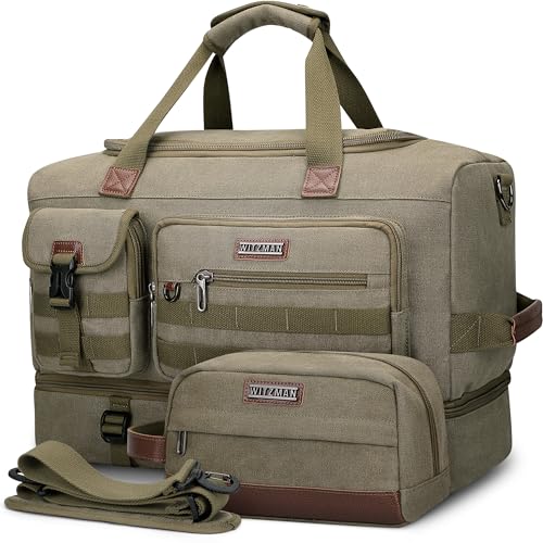WITZMAN Duffle Bag for Men 60L Travel Canvas Weekender with Toiletry Bag - color: Army Green