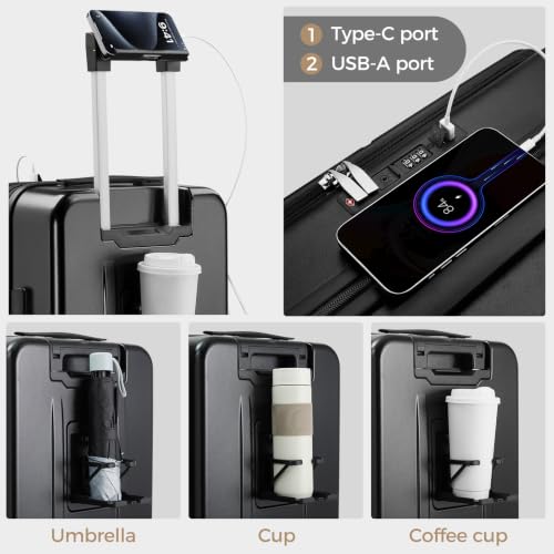 Carry on Luggage Top opening Suitcases, Expandable with Cup Holder and USB Charging Port,Lightweight with Front Pocket Rolling Suitcases with Spinner Wheels - color: Dark Black