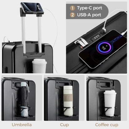 Carry on Luggage Top opening Suitcases, Expandable with Cup Holder and USB Charging Port,Lightweight with Front Pocket Rolling Suitcases with Spinner Wheels - color: Dark Black