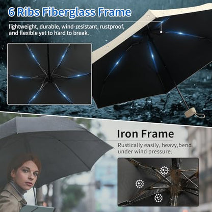 Compact Mini Windproof Travel Umbrella-UPF 50+ Sun & Rain Protection, Small Folding Design Fits in Pocket or Purse, Lightweight Portable with Case for Women, Men & Kids - color: Beige