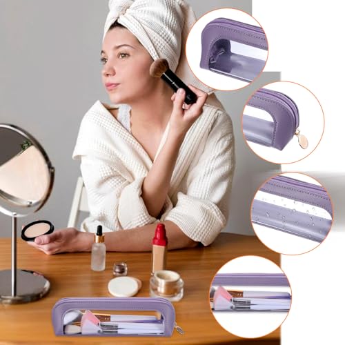 Psyqtsuary Small Clear Makeup Pouch, PU Leather Portable Makeup Brush Bag - color: Dark Purple