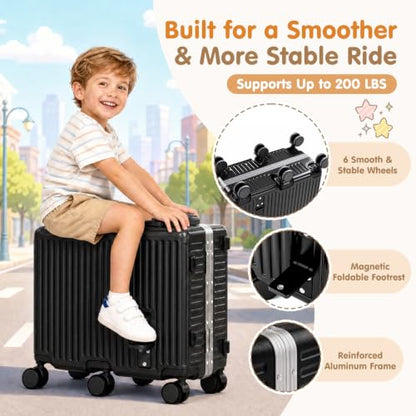 Kids Ride-On Luggage, 20" Aluminum Frame Carry-On with 6 Wheels (Black) - color: Black