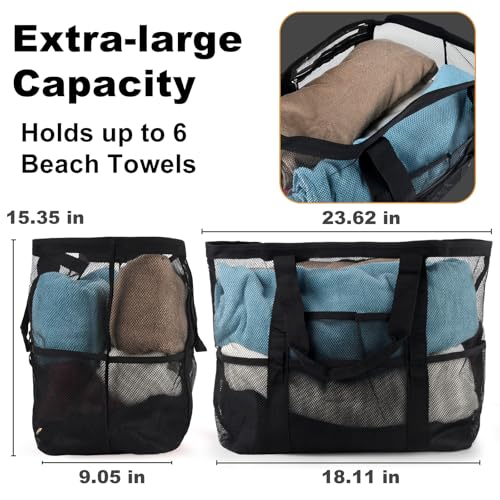 CaCTOUR Mesh Beach Bag,Large Beach Bags for Women with 8 Pockets,Packable Tote Bag for Beach Cruise Pool Vacation Essentials - color: Black