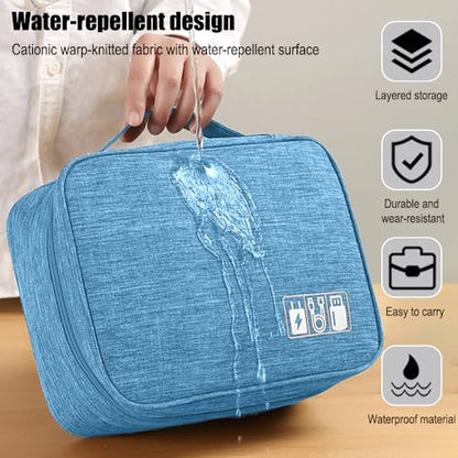 Travel Cable Organizer Pouch Electronic Accessories Carry Case Portable Waterproof Double Layers Storage Bag for Cord, Charger, Phone, Earphone,Blue