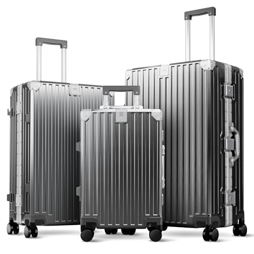 ALPHA CAMP 3 Piece Zipperless Luggage Set, Aluminum Frame, 20/24/28 Inch - color: Grey, size: 20+24+28 Inch