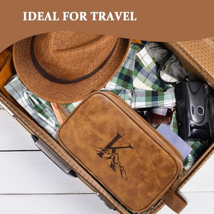 Travel Toiletry Bag For Mens PU Leather Engraved Initials (Yellow Brown F) - color: Brown, style: F