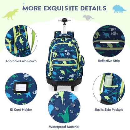 3 PCS Dinosaur Rolling Backpack for Boys Girls with Lunch Bag - color: Green Dinosaur