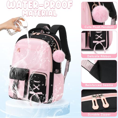 3PCS Backpack for Girls, Girls Backpack for School with Lunch Box Pencil Case, Cute Kids Teens Bookbag for Kindergarten Elementary Preschool Middle School Black Pink - color: Black Pink