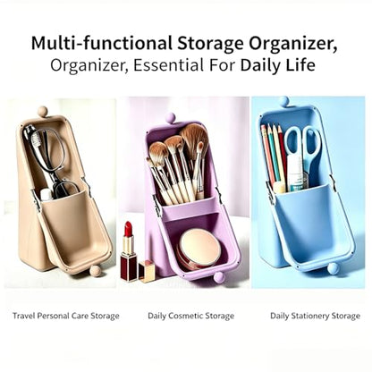 Standable Silicone Makeup Brush Holder, Waterproof Travel Cosmetic Storage Bag with Phone Stand Design, Multifunctional Travel Organizer Pouch for Lipstick Eyebrow Pen Beauty Tools (Blue) - color: Blue