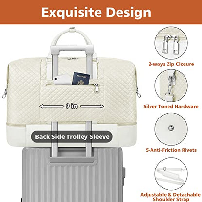 TIBES Travel Weekender Bag for Women, Overnight Bag with Shoe Compartment - color: J-Beige Diamond 3pcs