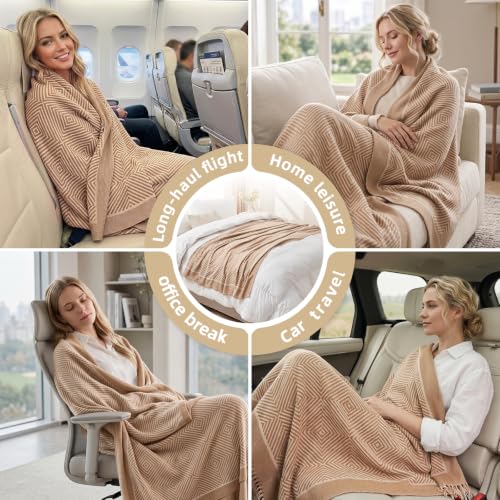 Travel Blanket Airplane - Ultra Soft & Lightweight Knit Design - color: Khaki, size: 51.2"x59.8"