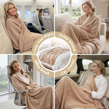 Travel Blanket Airplane - Ultra Soft & Lightweight Knit Design - color: Khaki, size: 51.2"x59.8"