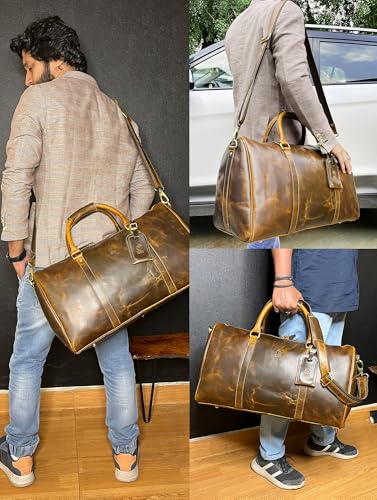 Leather Duffle Bag for Men - Full Grain Travel Weekender, Brown 20 Inch - color: Brown