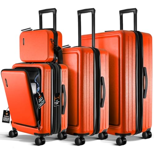 TRAVELARIM 4 Piece Luggage Sets with Spinner Wheels, Travel Suitcase Set - color: Orange, size: 4 Piece Set (20/24/28)