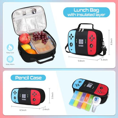 3PCS Gamer Boys Rolling Backpack with Lunch Box & Pencil Pouch (Red Blck) - color: Red Black
